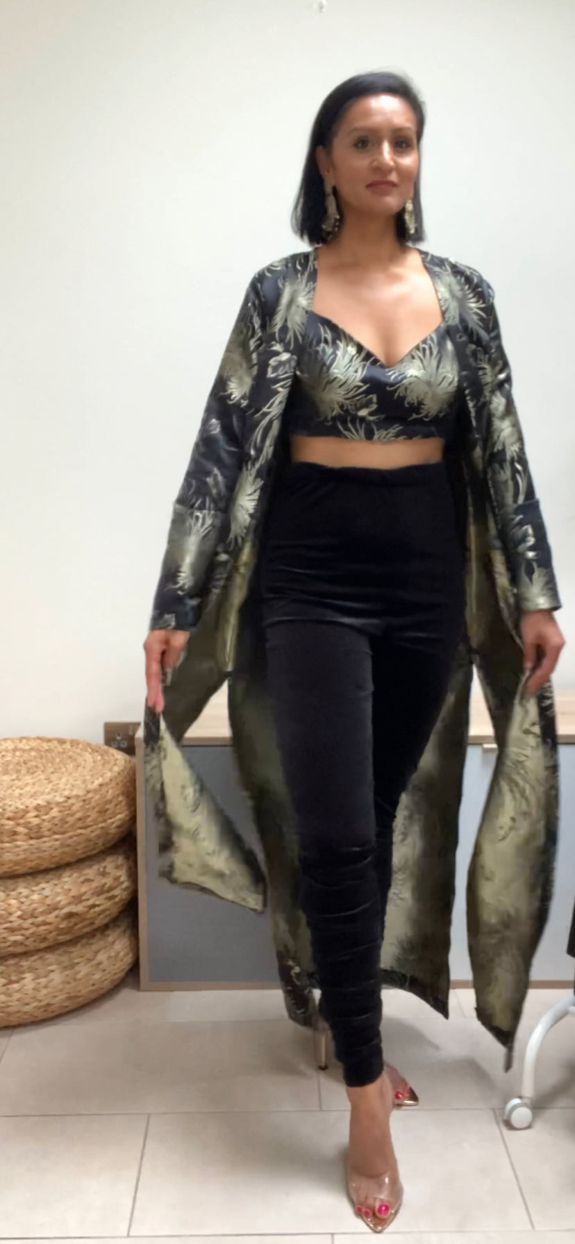 Velvet pajami with art deco jacket and bralet co-ord