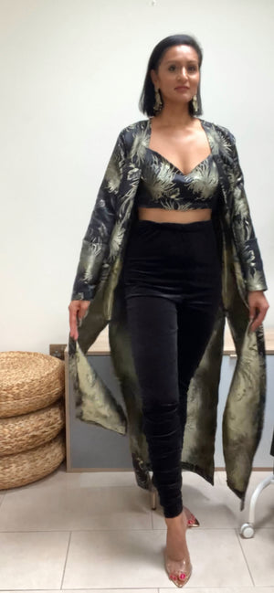 Velvet pajami with art deco jacket and bralet co-ord
