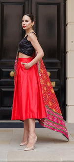 Crimson duchess satin midi lehenga skirt