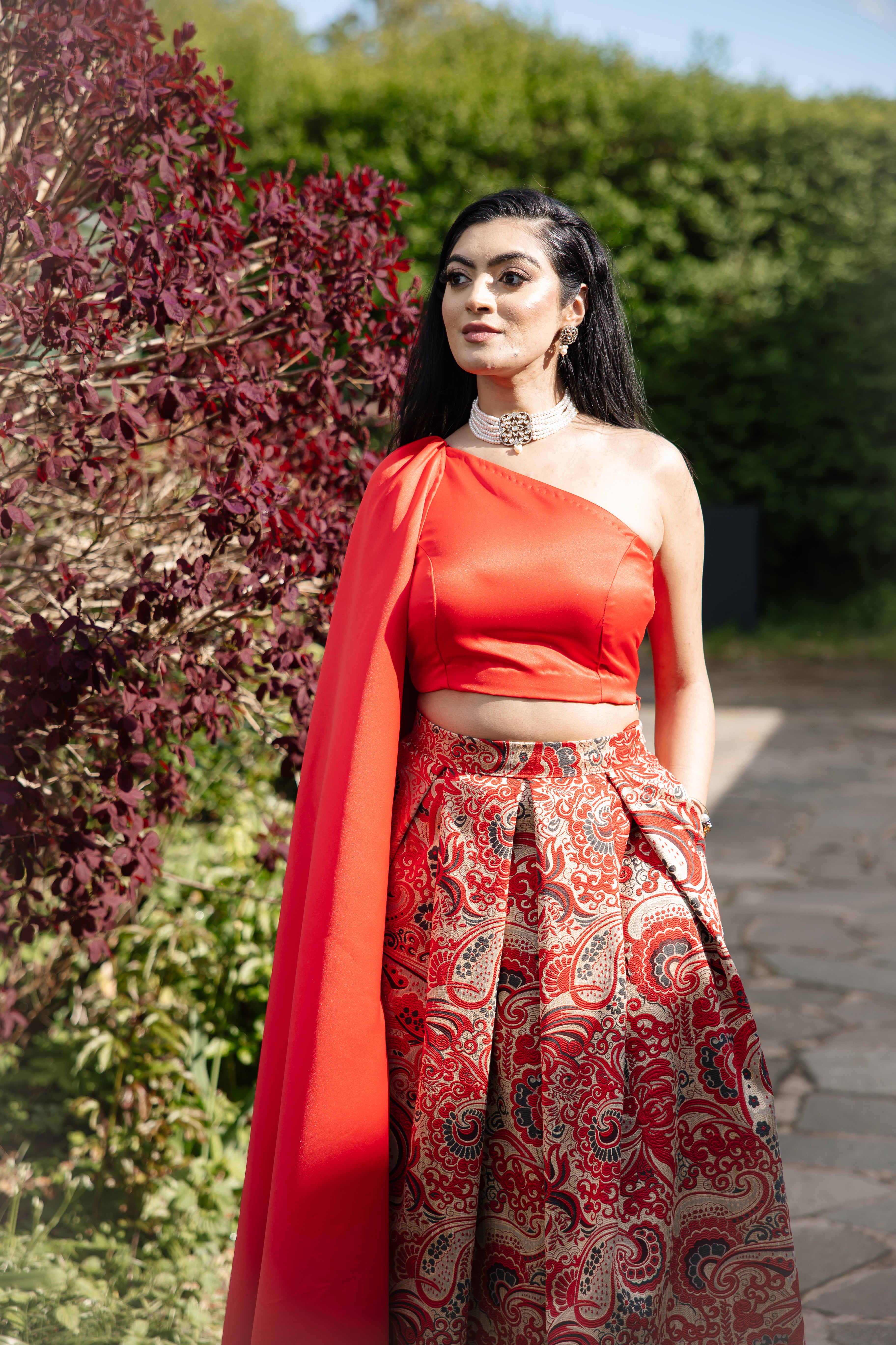 Duchess satin shoulder drape top