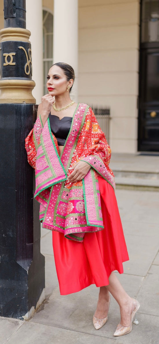 Crimson duchess satin midi lehenga skirt