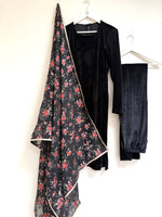 Anita .V. Velvet Black Pajami suit and floral dupatta set