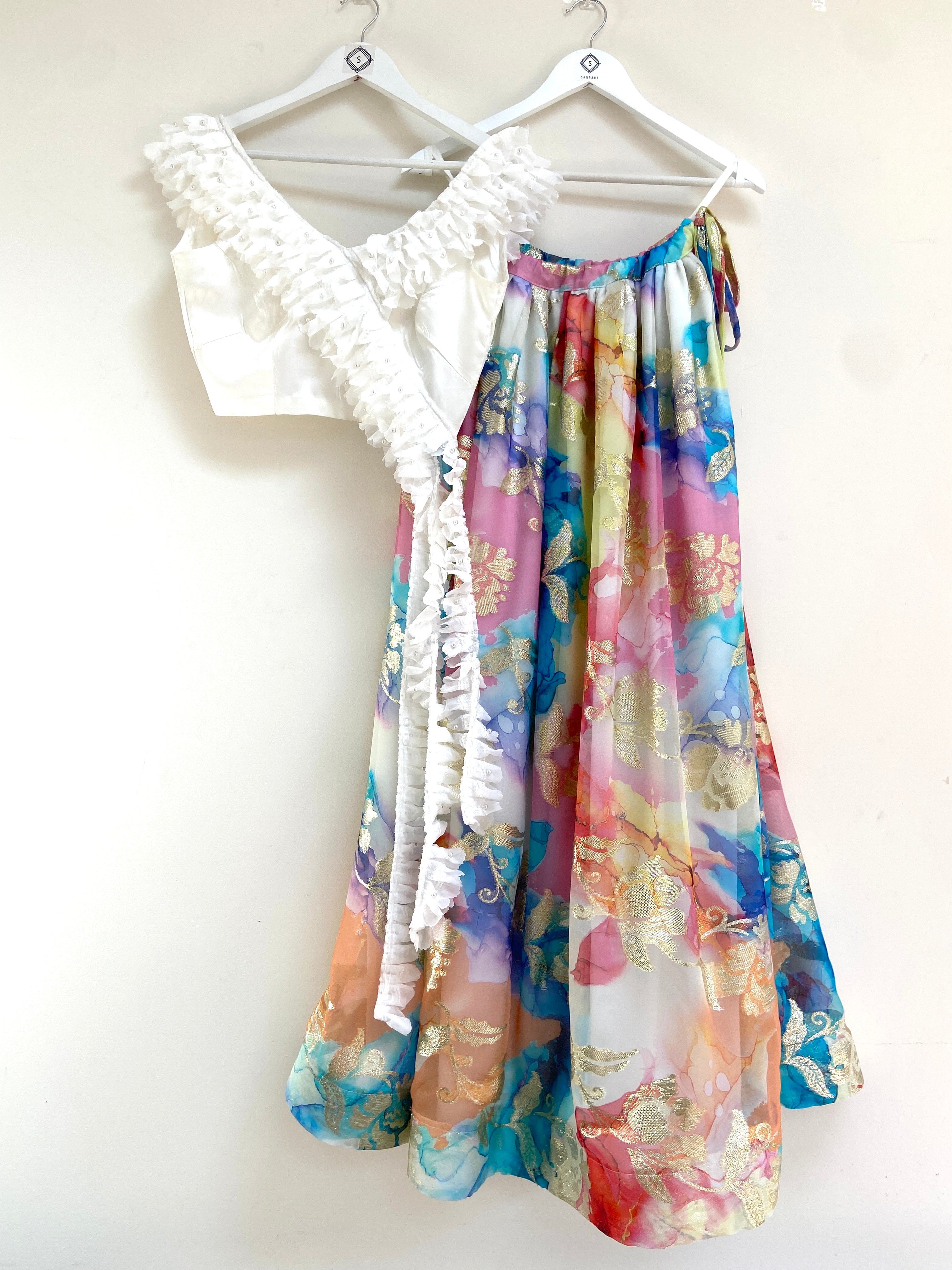 White crop top with waterfall frill trim