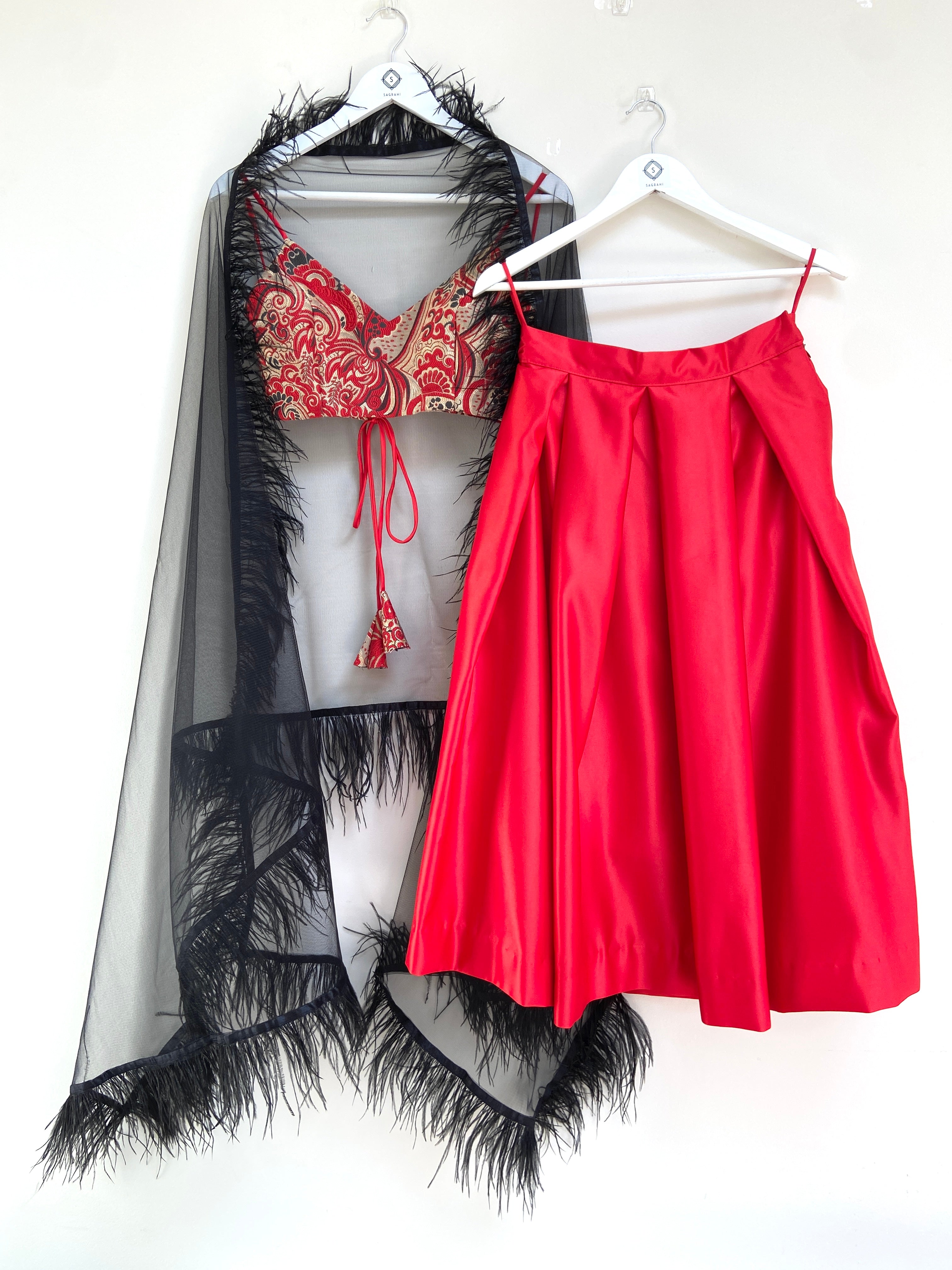 Crimson duchess satin midi lehenga skirt