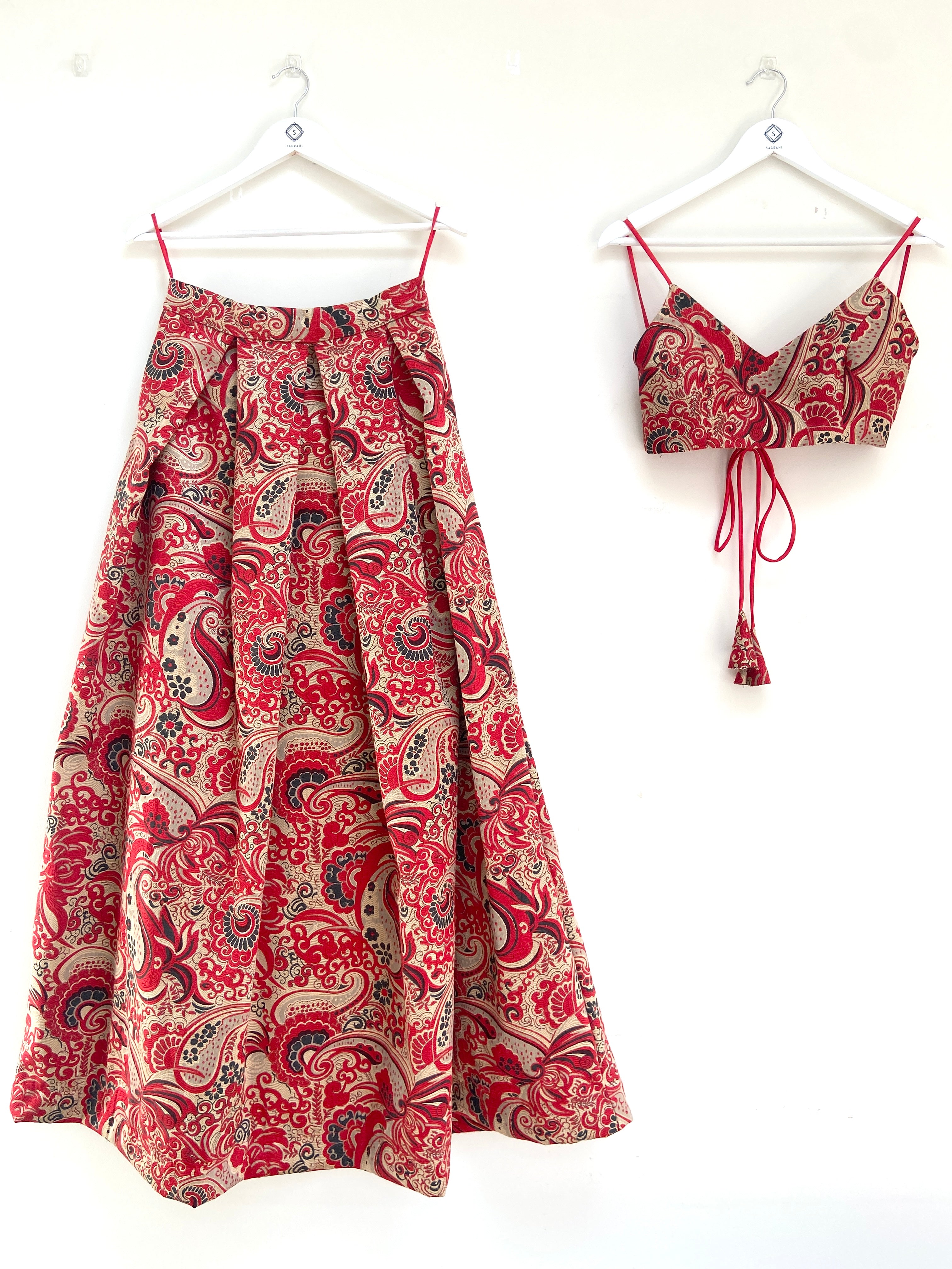 Ambi red lehenga skirt and bralette with choice of dupatta