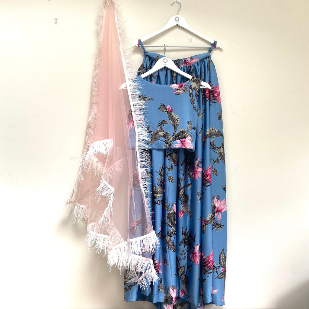 Floral blue lehenga set with feather dupatta