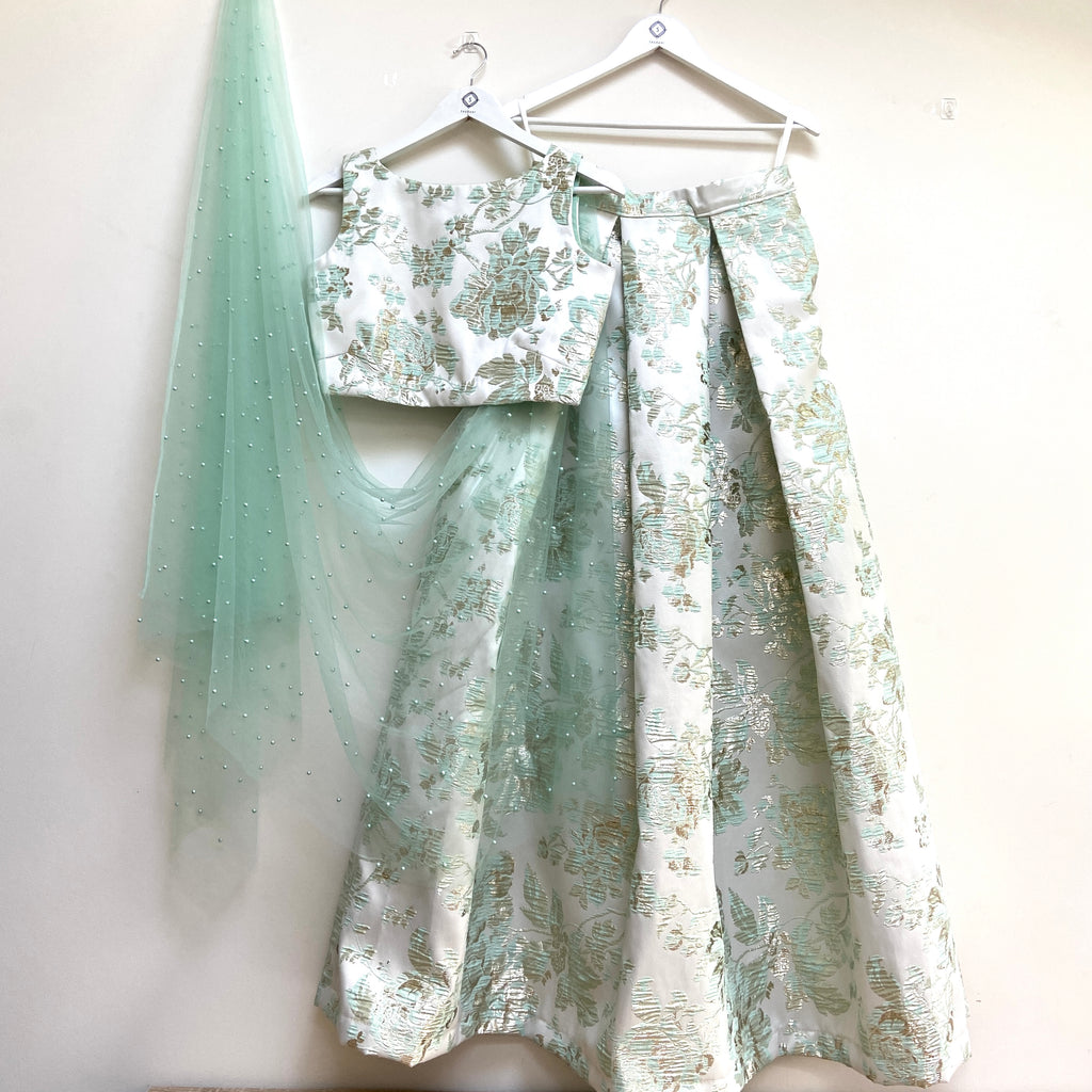 Green Floral brocade lehenga set with choice of dupatta