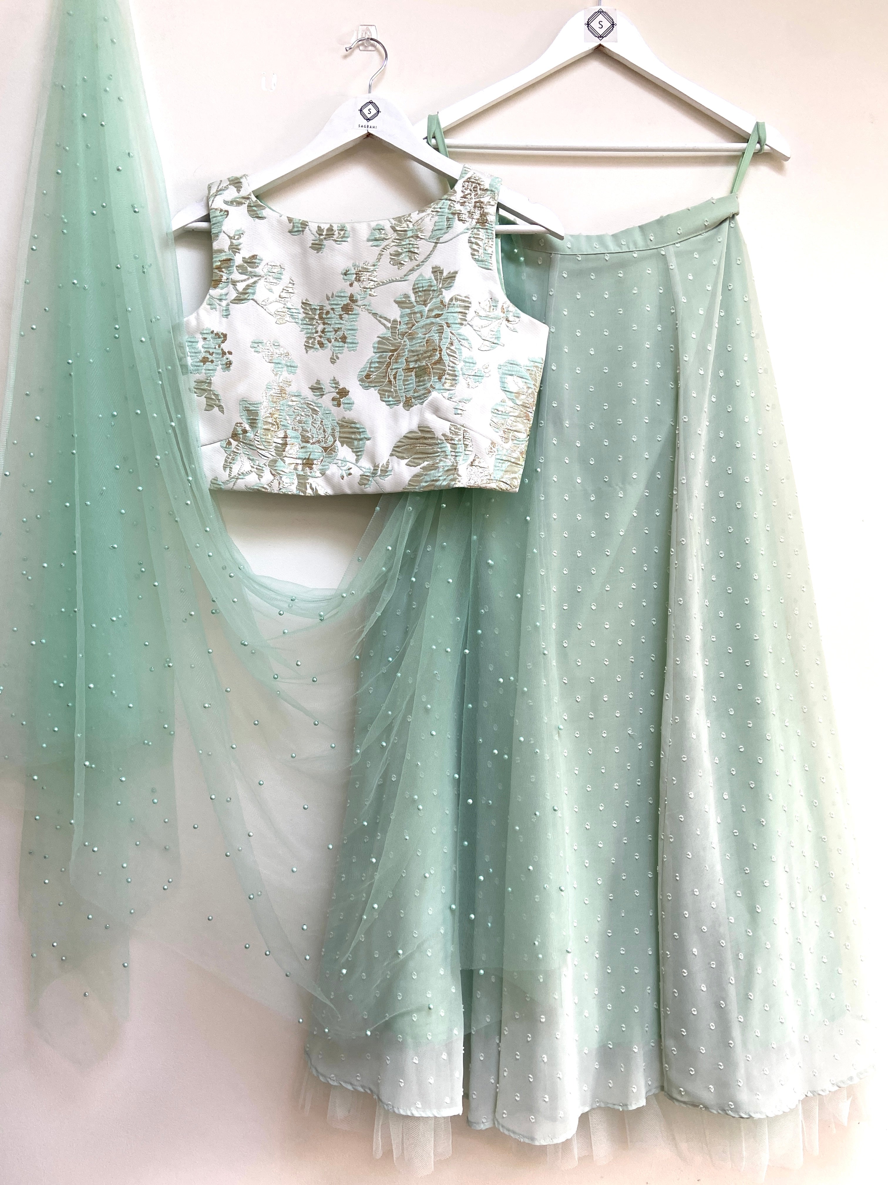 Green dobby skirt with Jacquard cross back top and choice of dupatta