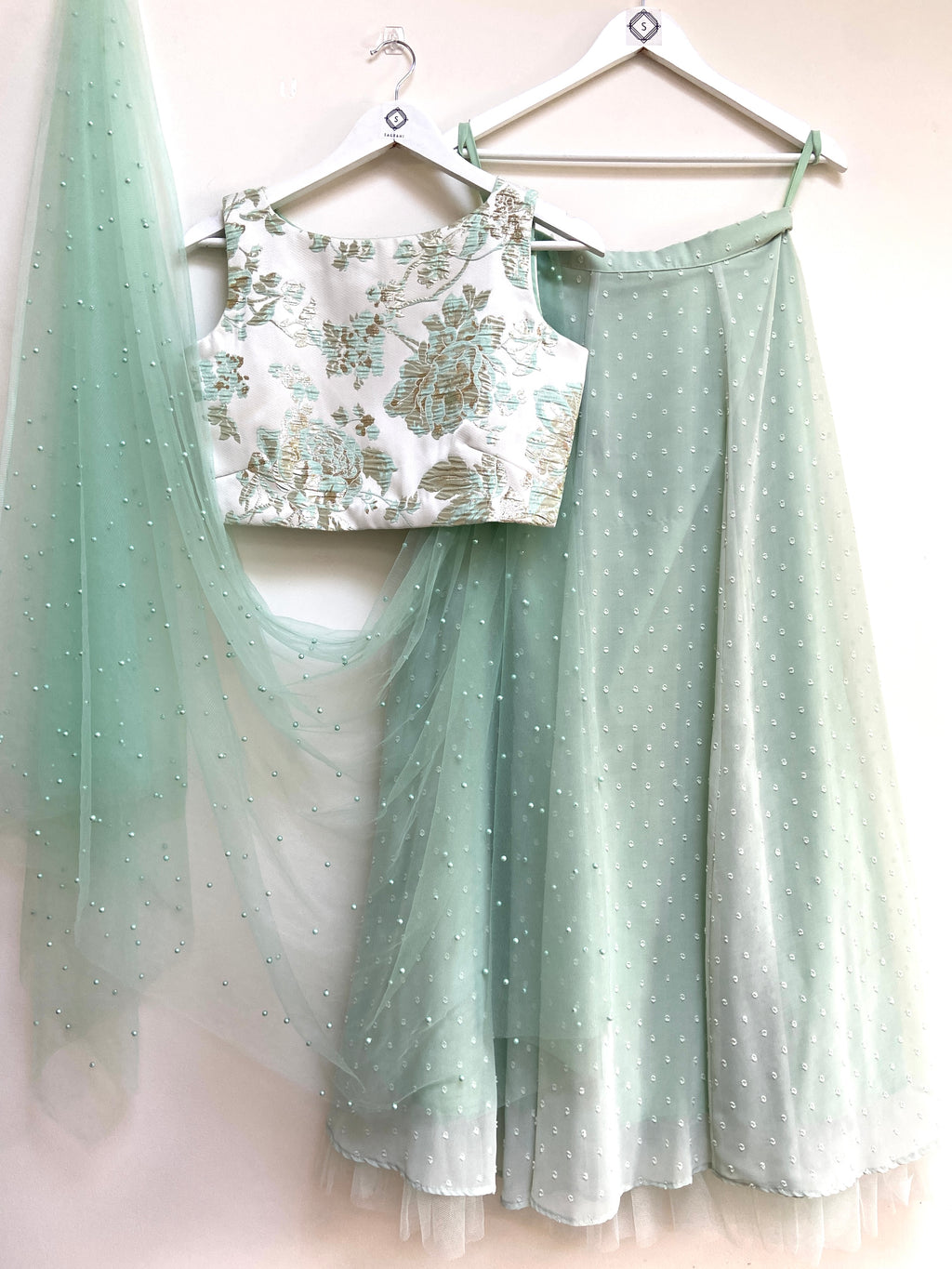 Green dobby skirt with Jacquard cross back top and choice of dupatta