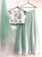 Green dobby skirt with Jacquard cross back top and choice of dupatta
