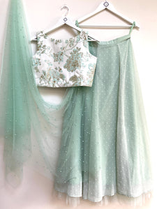 Green dobby skirt with Jacquard cross back top and choice of dupatta