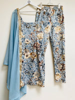 Blue floral jacquard trouser suit