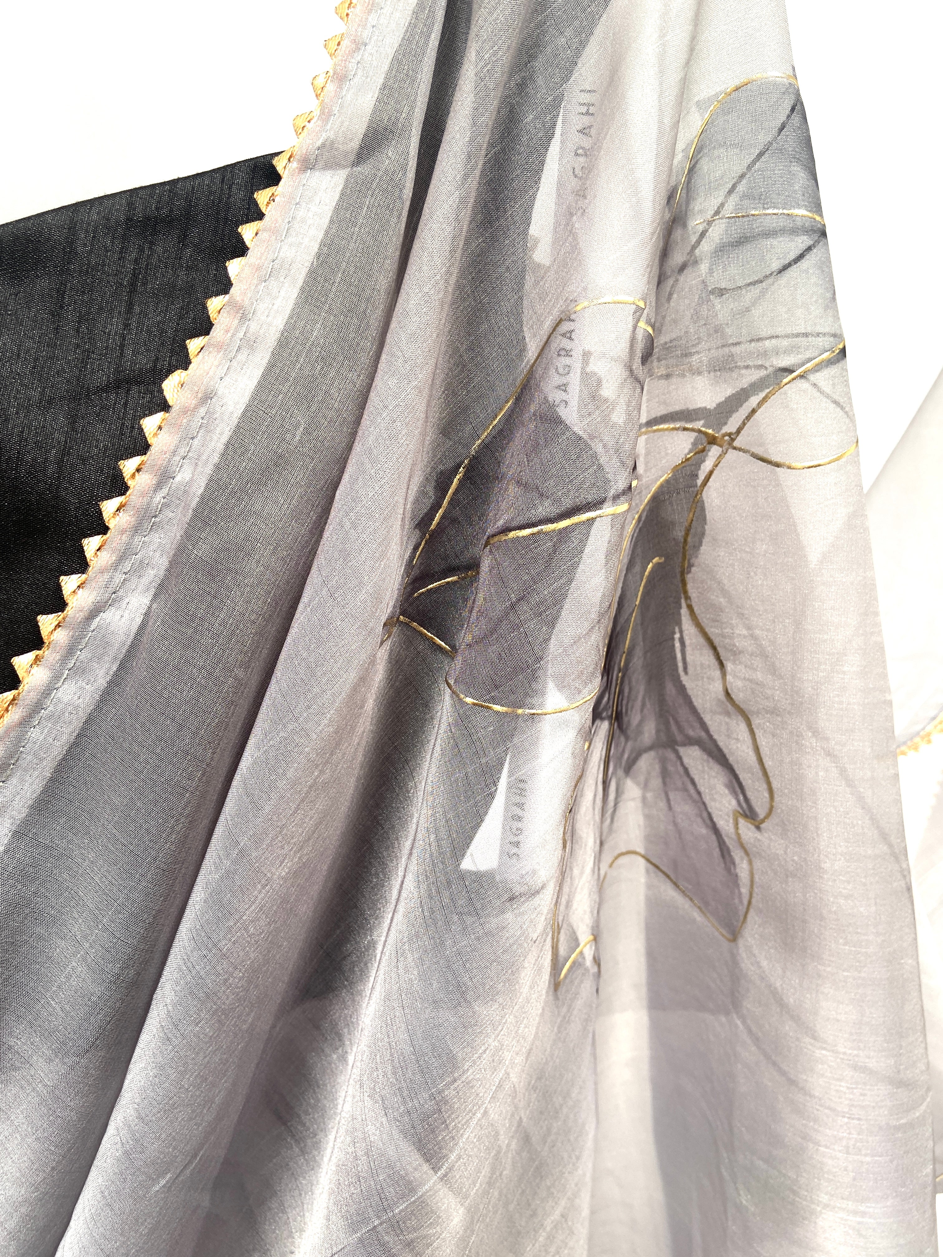 Grey and black pre-pleated organza sari