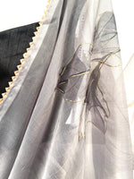 Grey and black pre-pleated organza sari