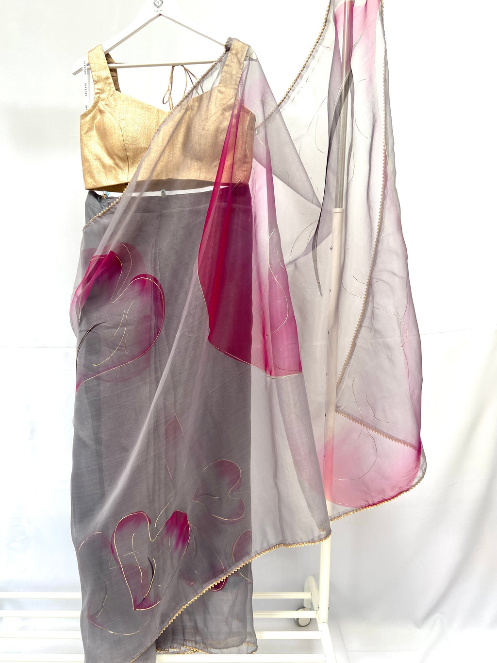 Grey and cerise pre-pleated organza sari