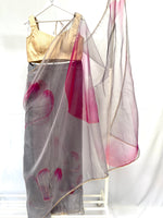 Grey and cerise pre-pleated organza sari
