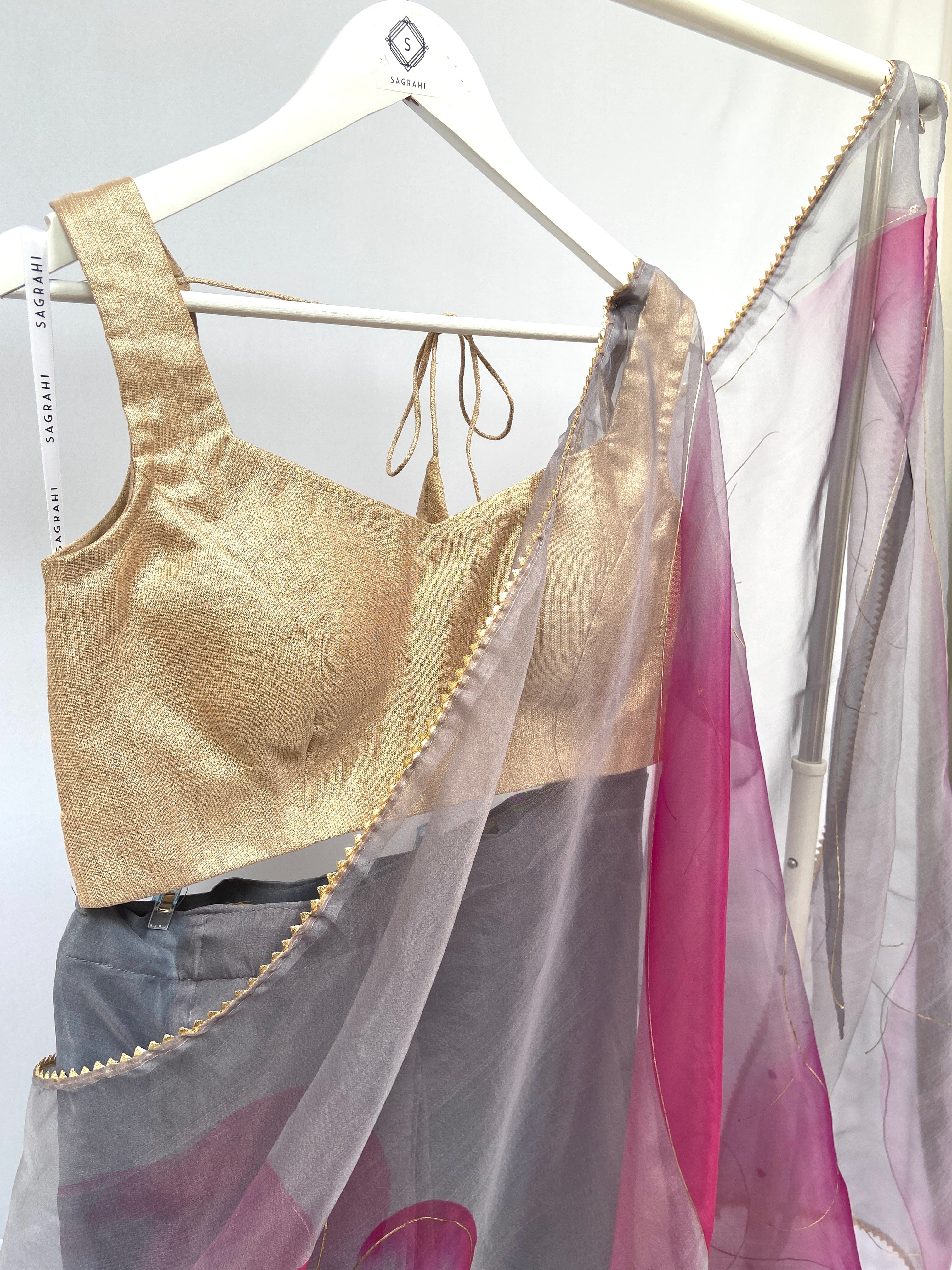 Grey and cerise pre-pleated organza sari