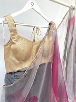 Grey and cerise pre-pleated organza sari