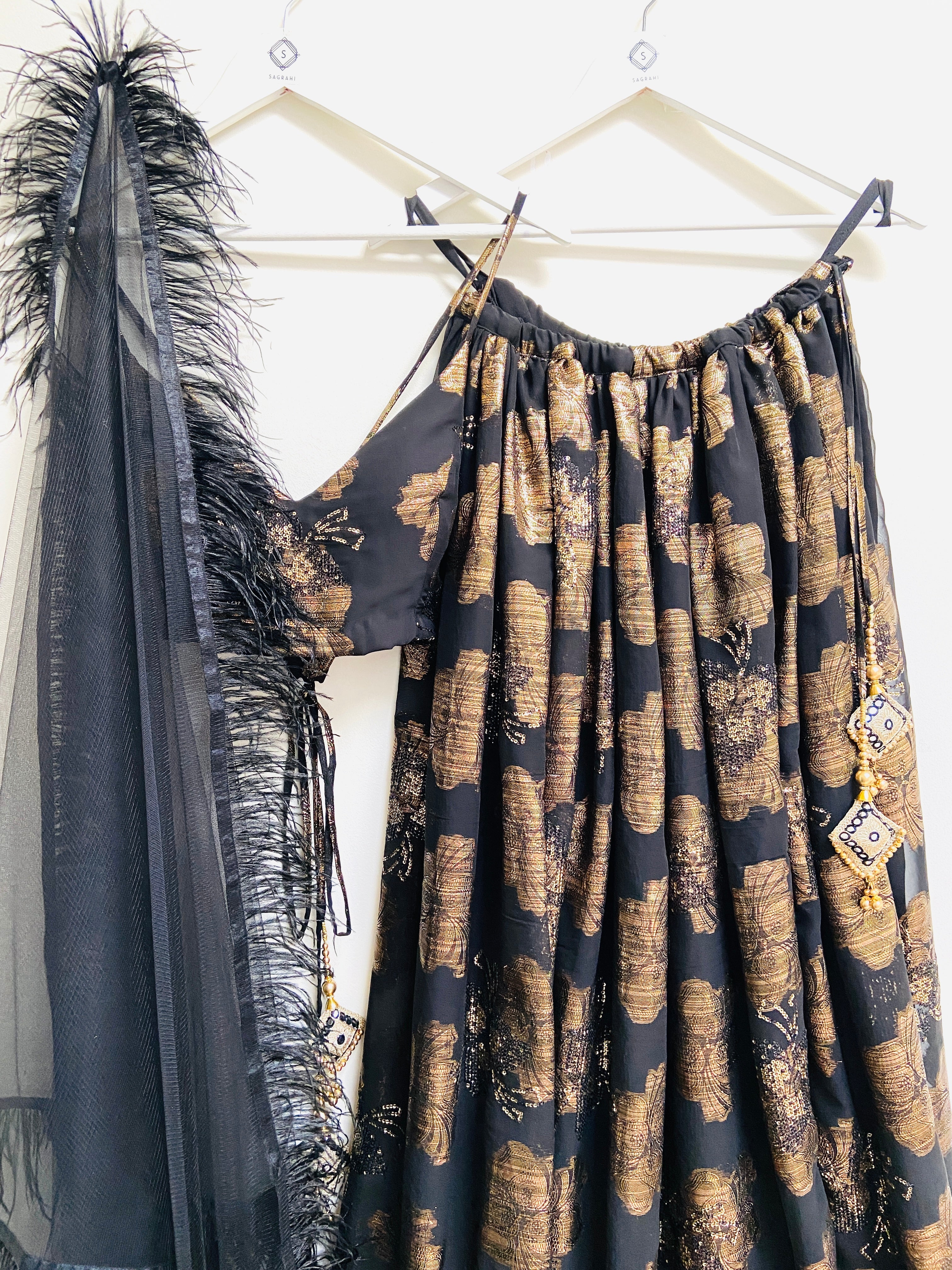 Black and gold sequin detail lehenga set