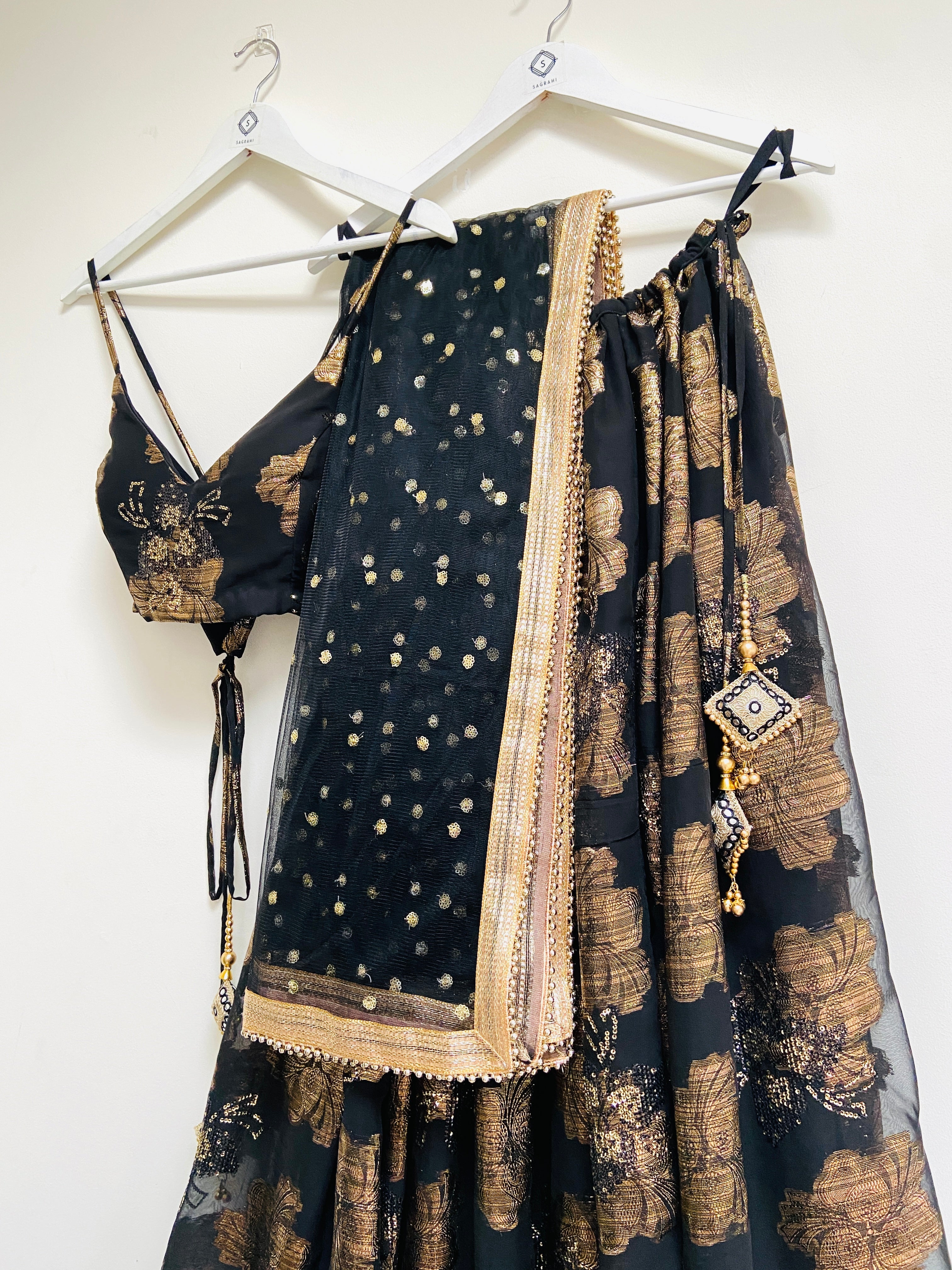 Black and gold sequin detail lehenga set