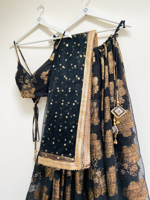 Black and gold sequin detail lehenga set