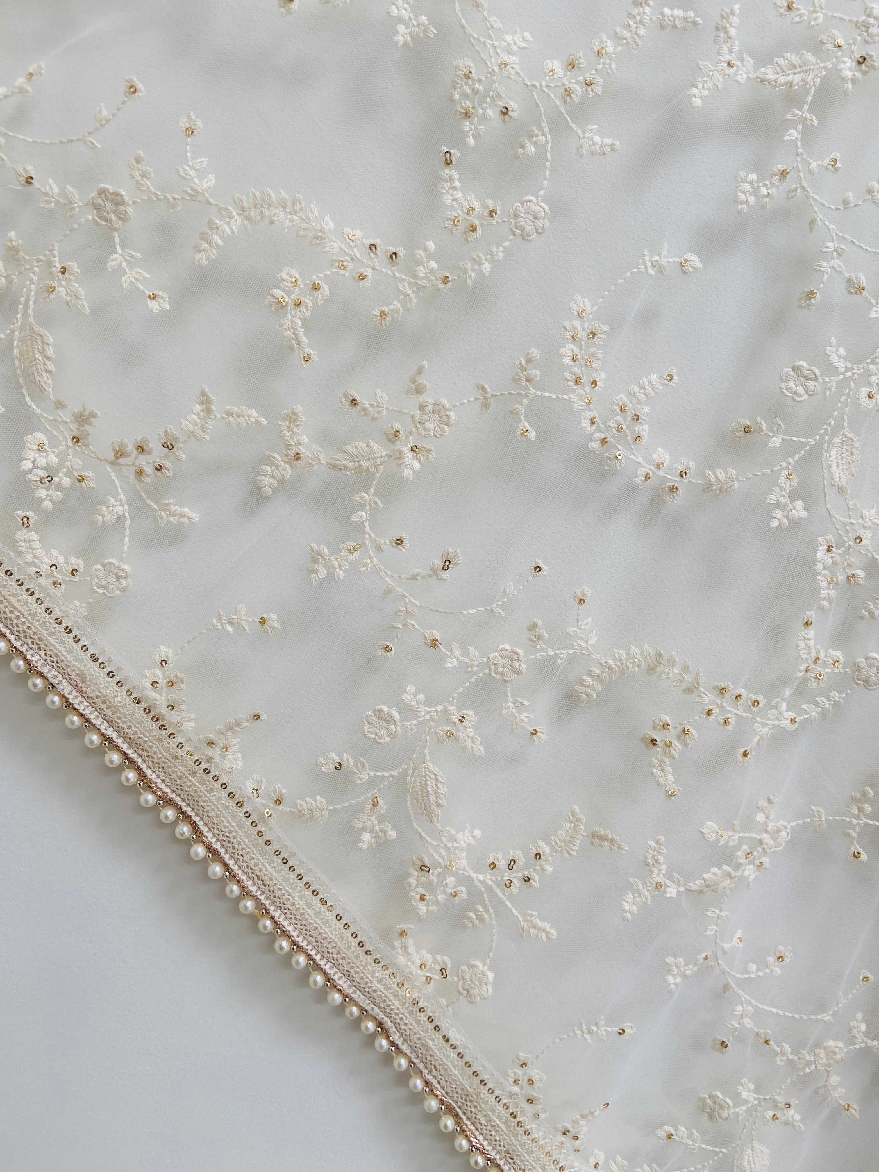 Embroidered cream dupatta with pearl trim
