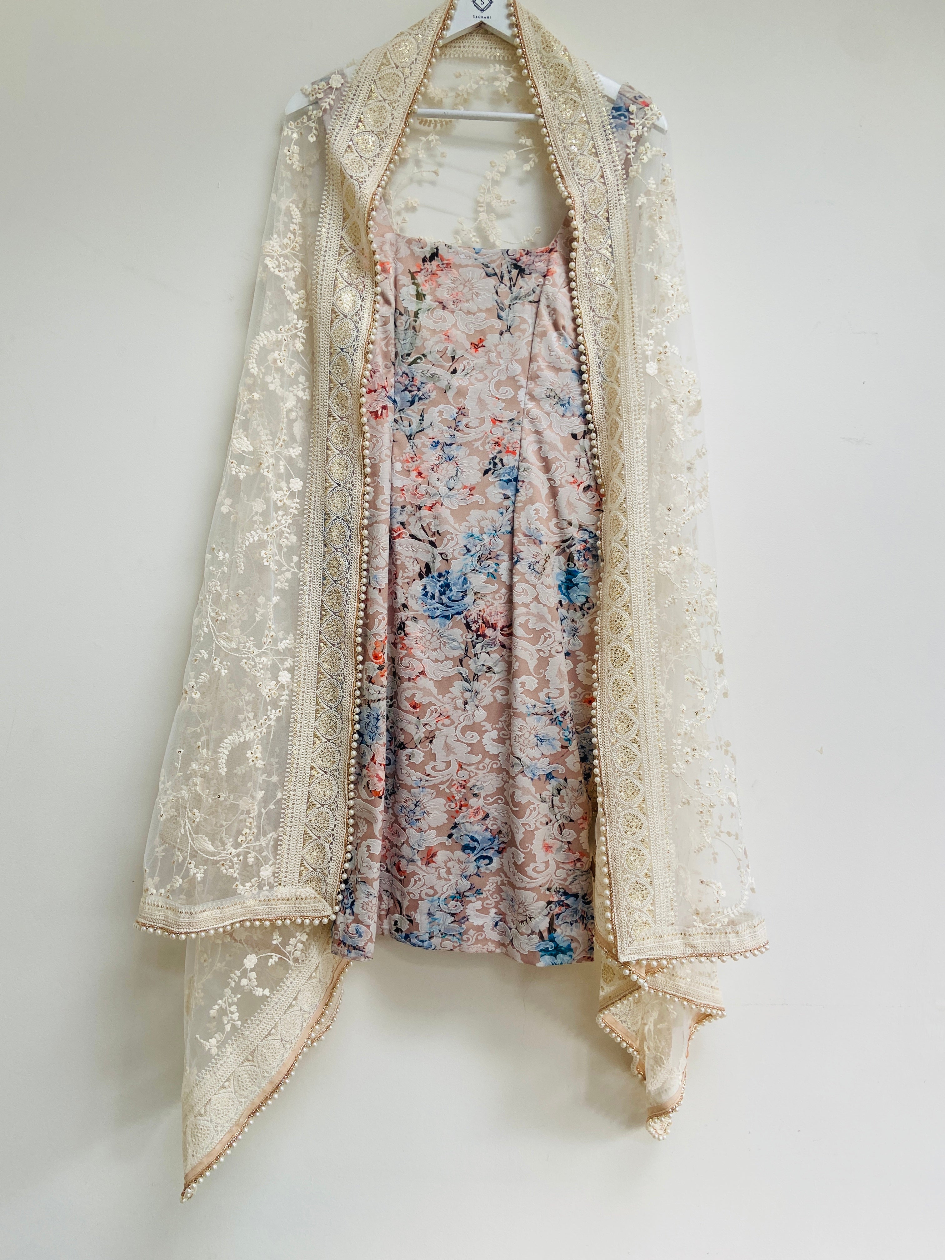 Embroidered cream dupatta with pearl trim