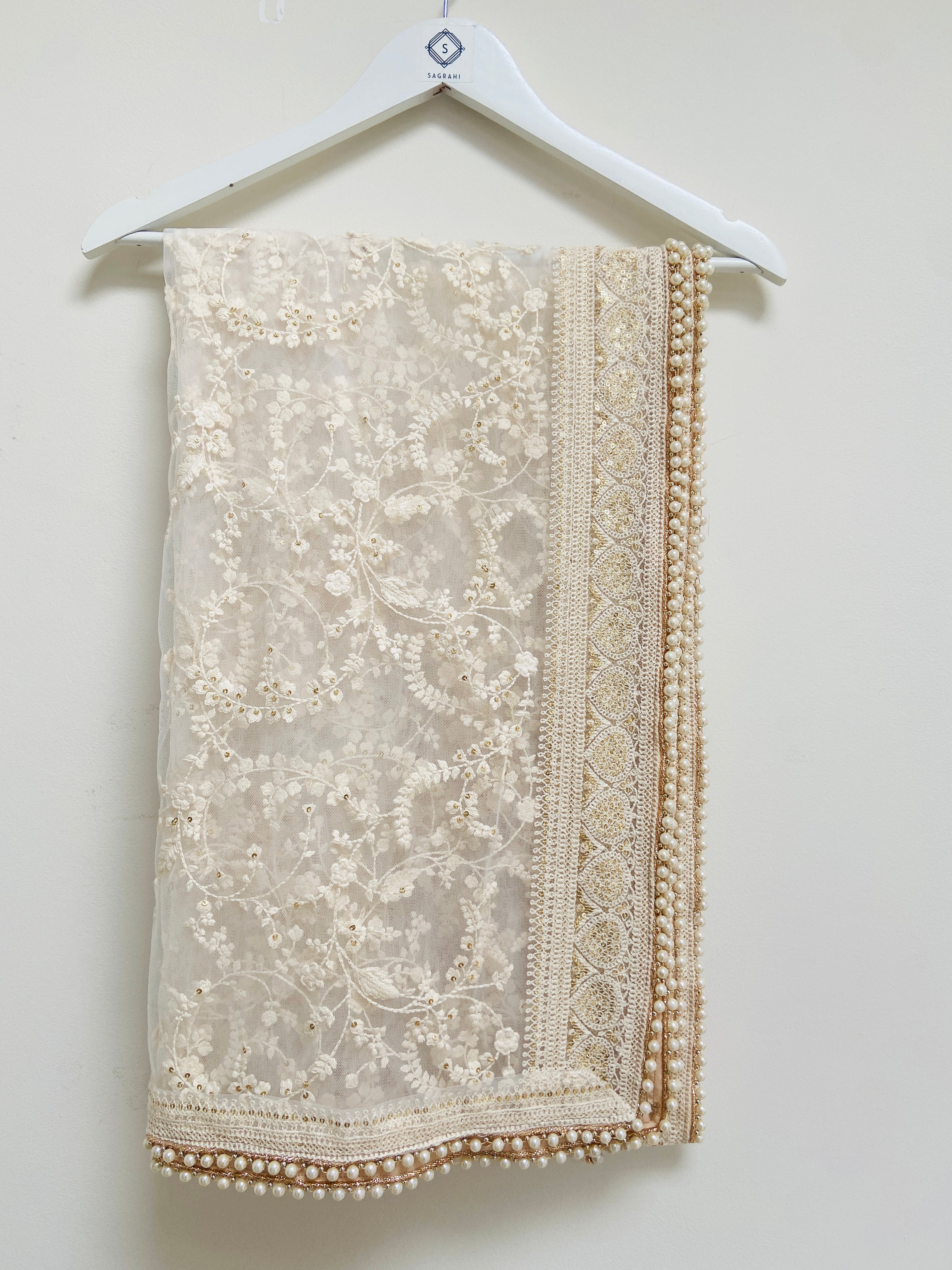 Embroidered cream dupatta with pearl trim