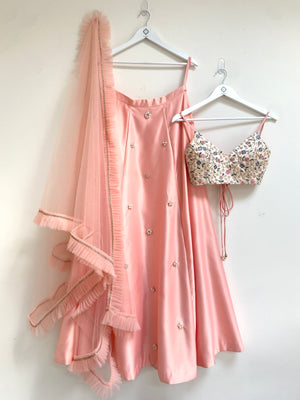 Pink Duchess Satin & Floral Lehenga set