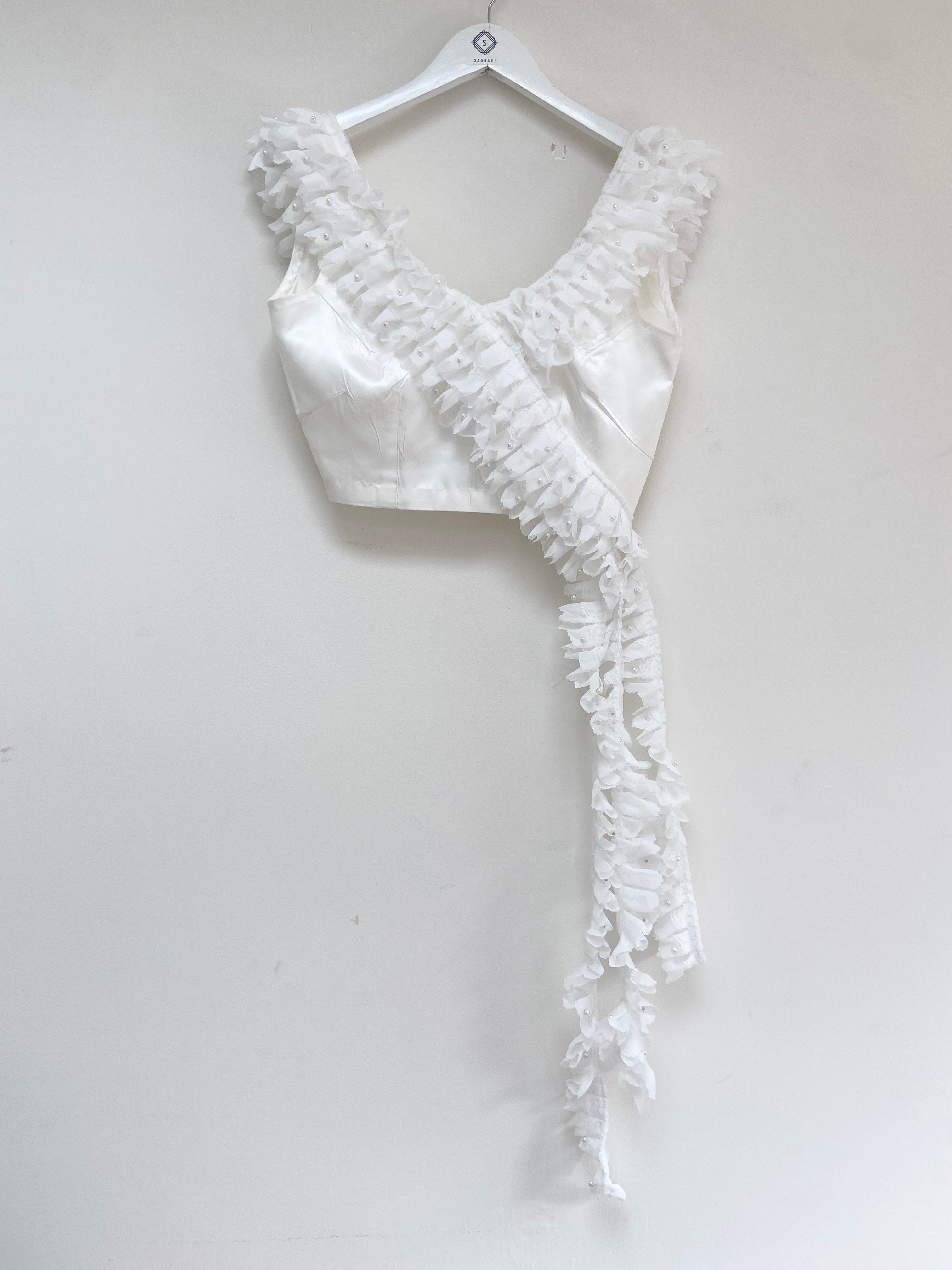 White crop top with waterfall frill trim