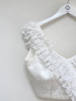 White crop top with waterfall frill trim