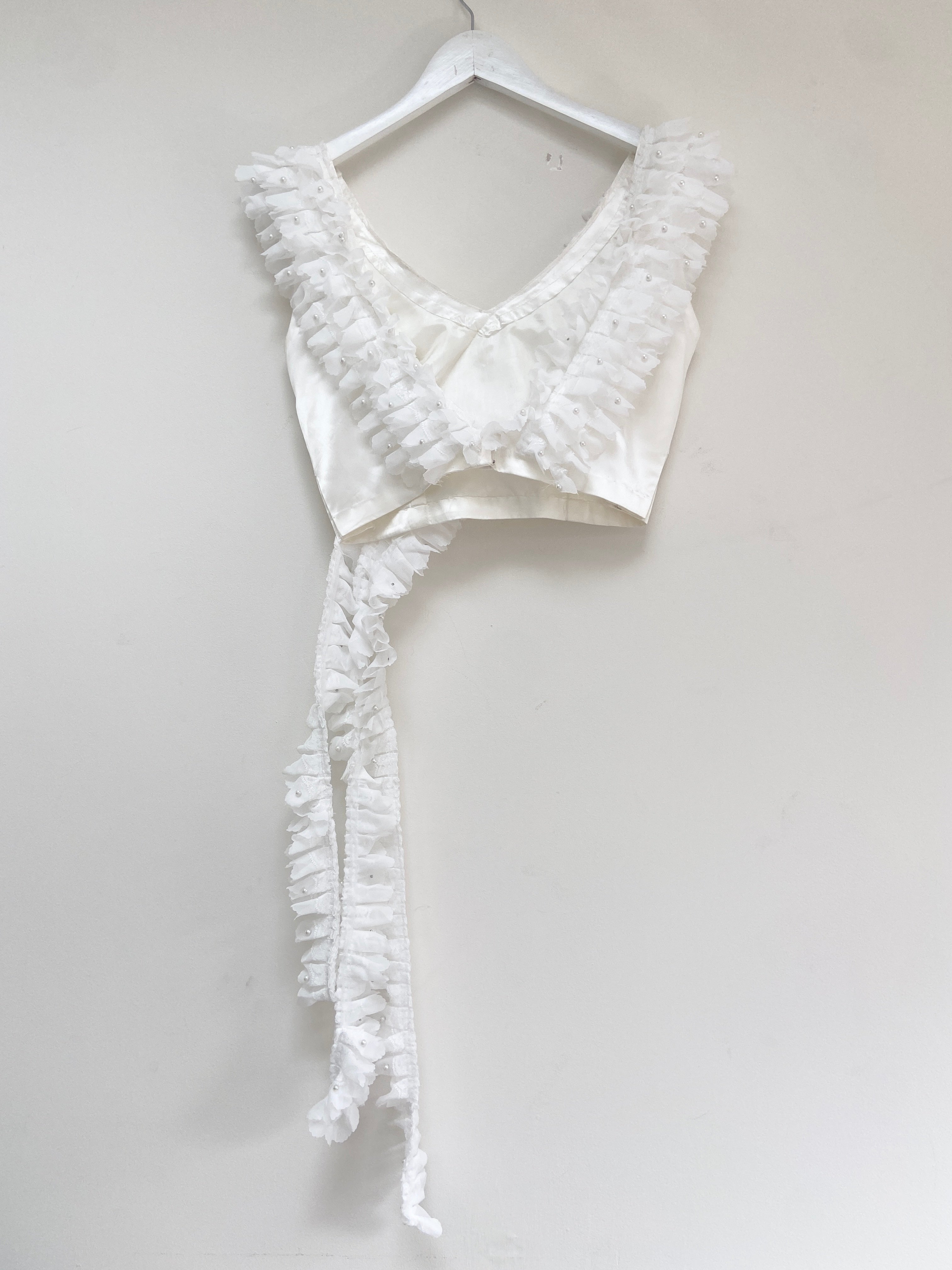 White crop top with waterfall frill trim