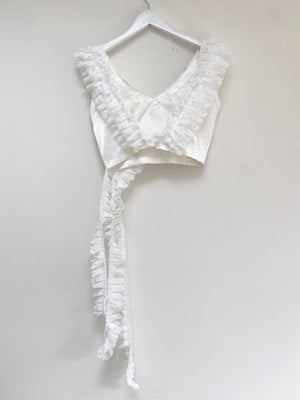 White crop top with waterfall frill trim