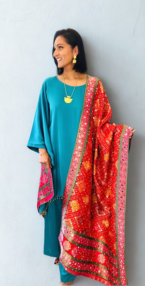 Kaftan, Trouser, Dupatta set - Elegant Emerald