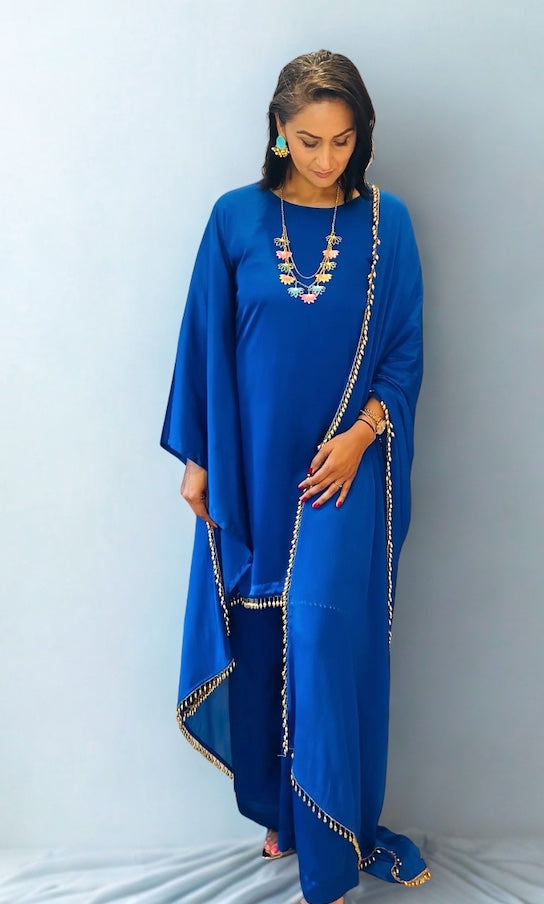 Kaftan, Trouser, Dupatta set - Luminous Blue