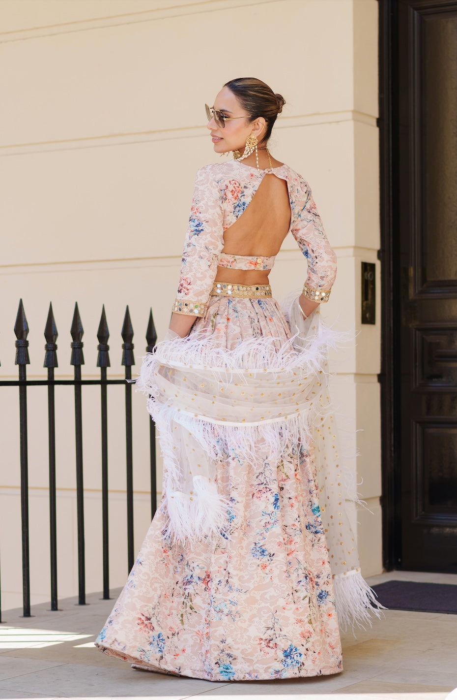Champagne gold floral backless crop top