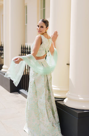 Mint green brocade lehenga skirt
