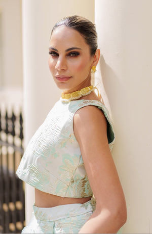 Green Floral brocade lehenga set with choice of dupatta