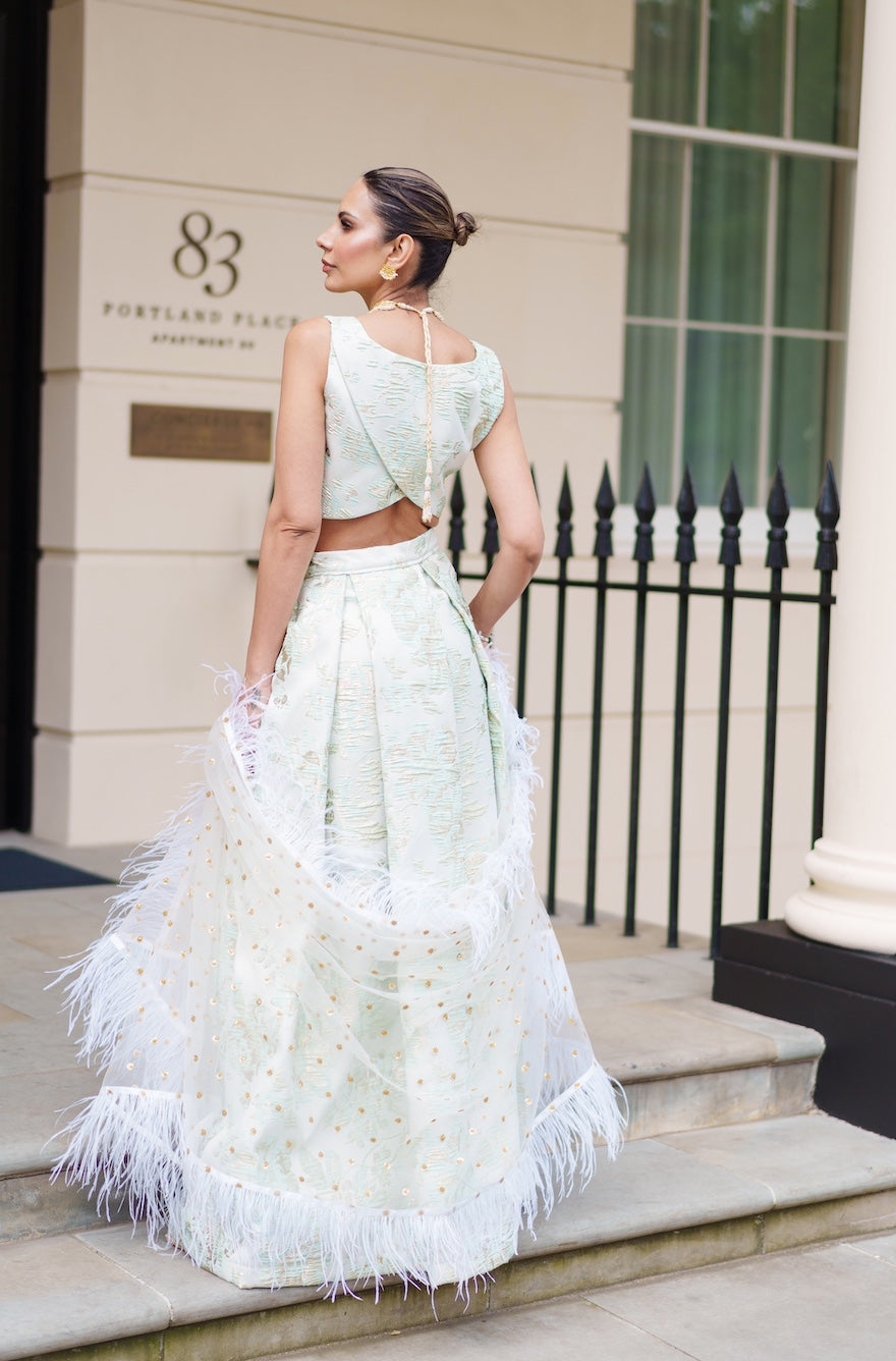 Green Floral brocade lehenga set with choice of dupatta