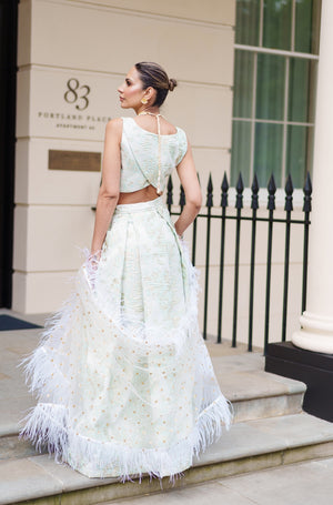 Green Floral brocade lehenga set with choice of dupatta