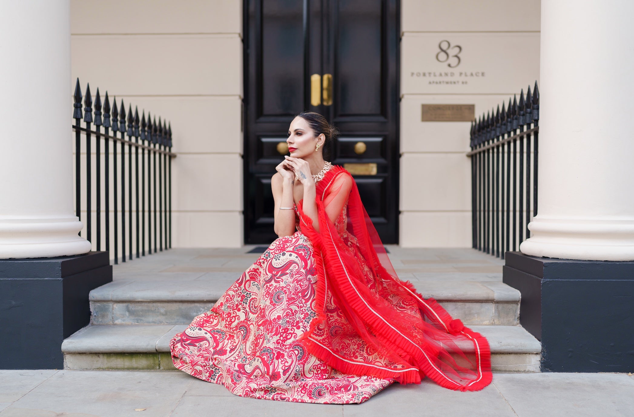 Ambi red lehenga skirt and bralette with choice of dupatta