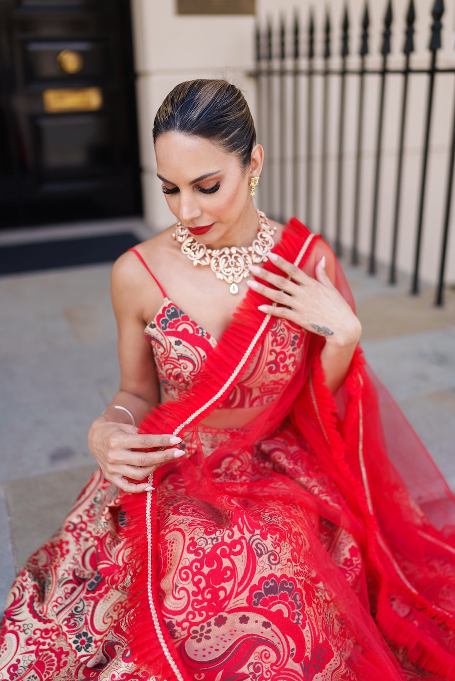 Ambi red lehenga skirt and bralette with choice of dupatta