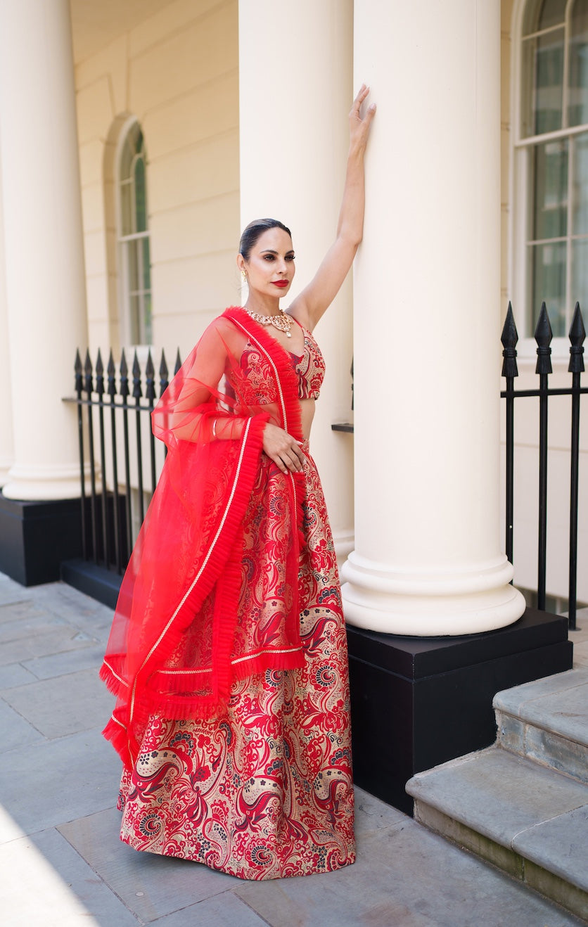 Ambi red lehenga skirt and bralette with choice of dupatta