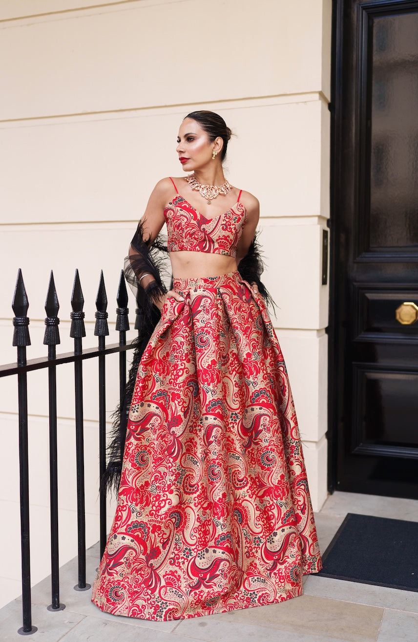 Ambi red lehenga skirt and bralette with choice of dupatta