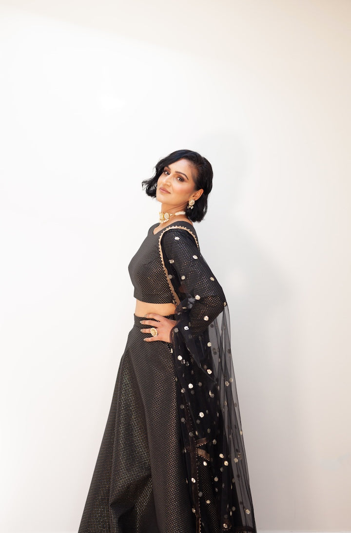 Black and gold dot Lehenga set with choice of dupatta
