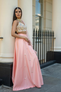 Pink Duchess Satin & Floral Lehenga set