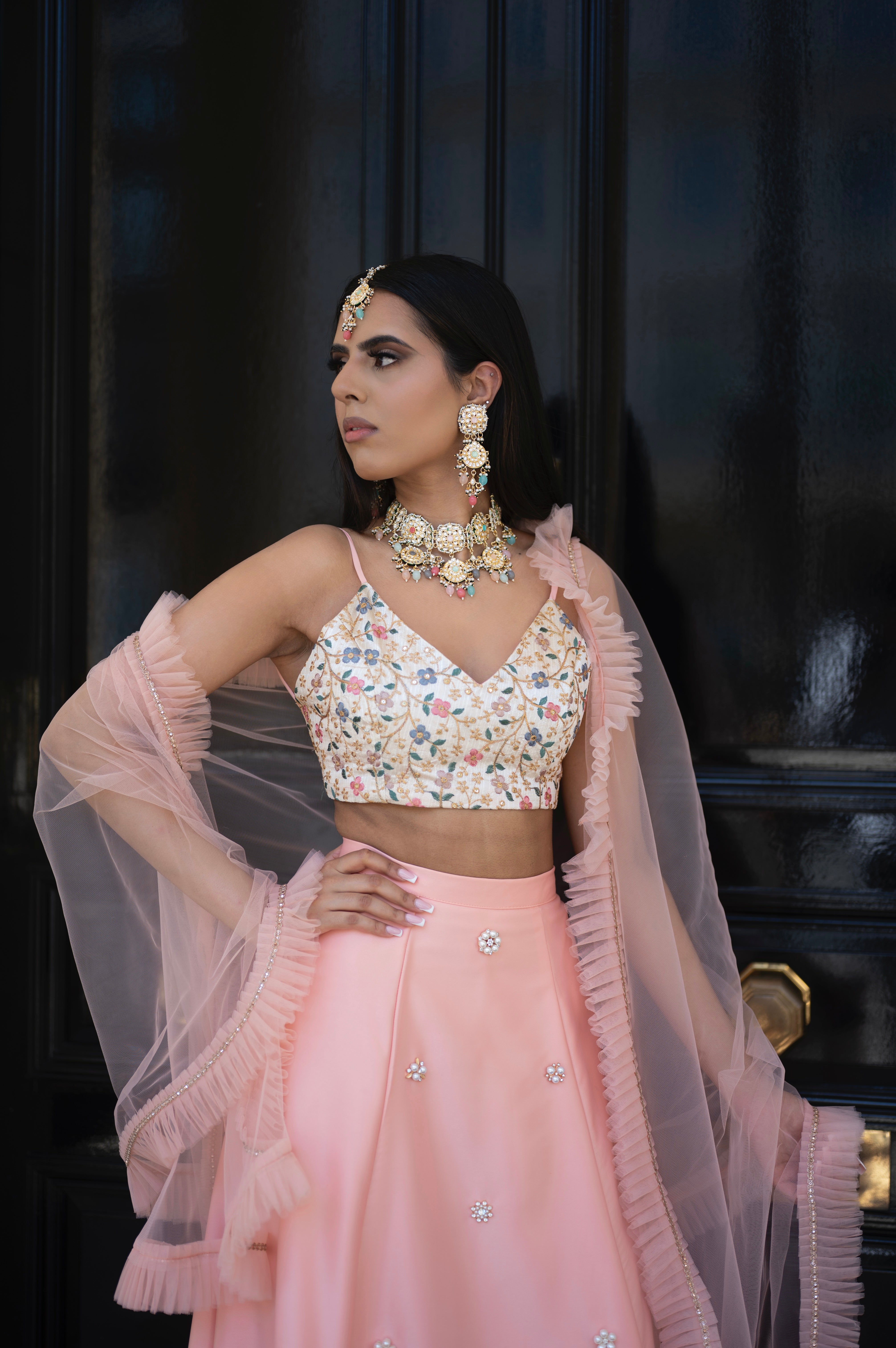 Pink Duchess Satin & Floral Lehenga set