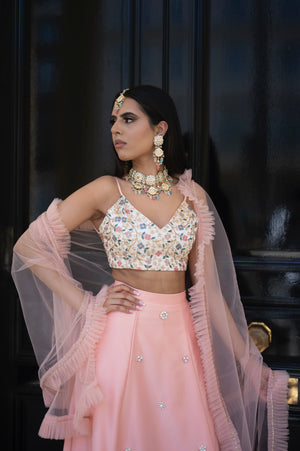 Pink Duchess Satin & Floral Lehenga set