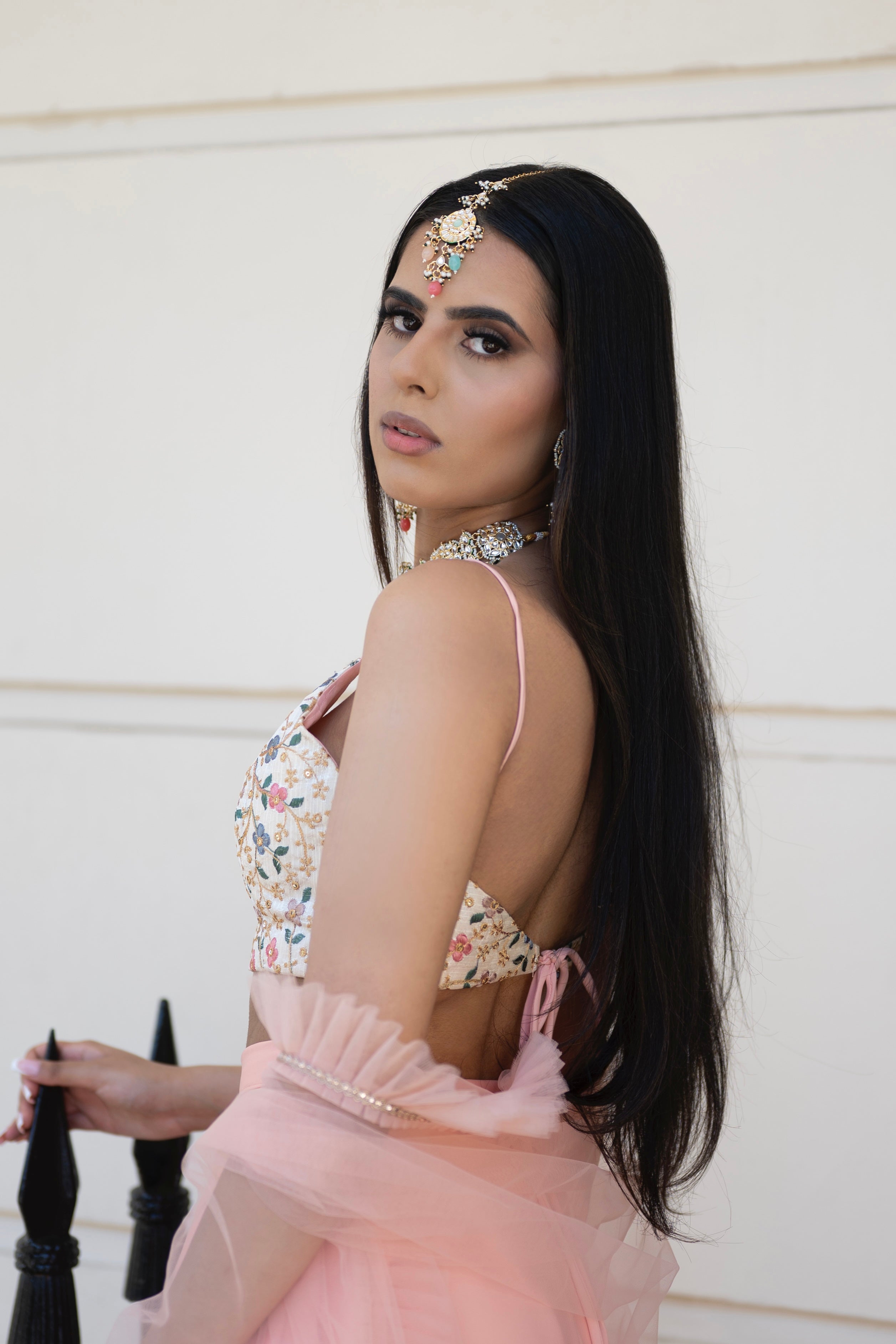 Pink Duchess Satin & Floral Lehenga set