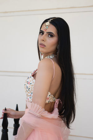 Pink Duchess Satin & Floral Lehenga set